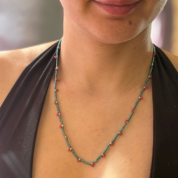 Handmade Green Beaded Necklace with Pink Accents - Picture 2 of 5